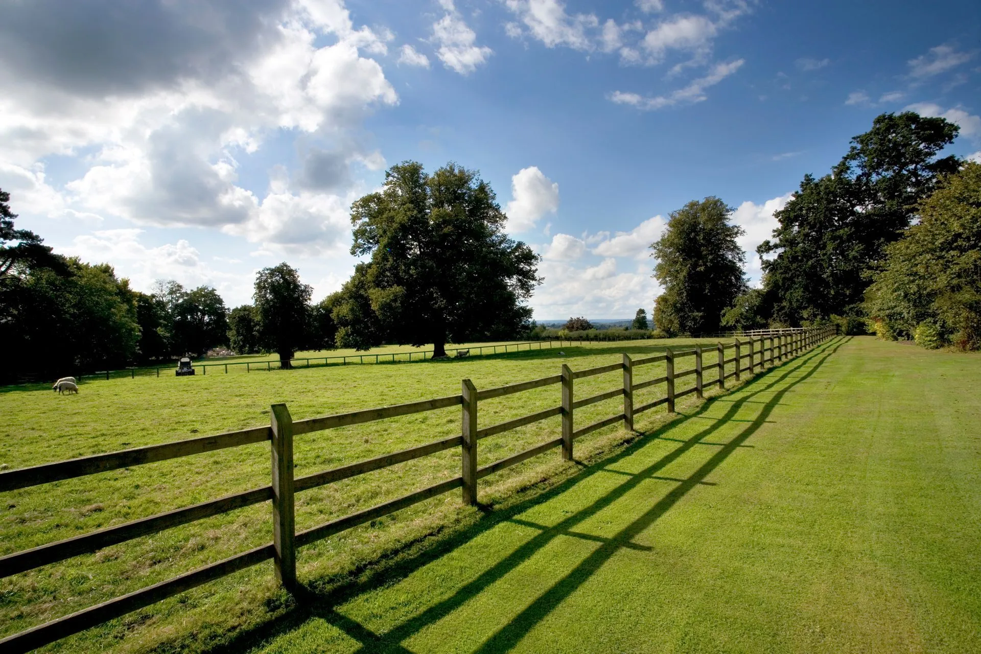 Wood post and rail farm fence running along an open green pasture